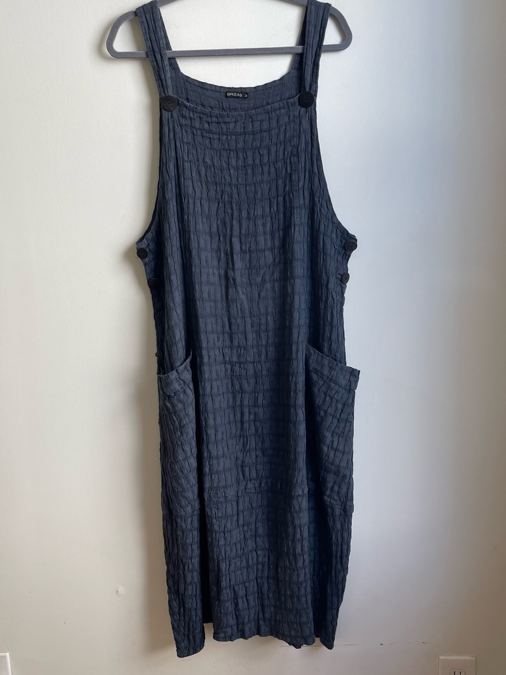 Grizas Overall Linen Midi Dress Waffle Charcoal Blue Gray Lagenlook Size Medium